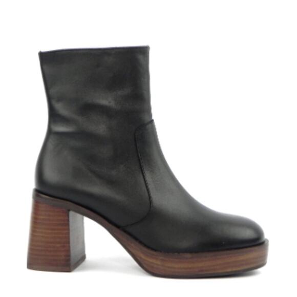 Ana Palma Leather Platform Wooden Sole Round Toe Boots Black Size 39 - Picture 1 of 11